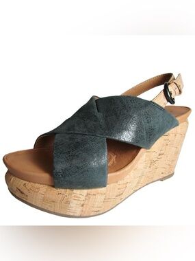 Gentle Souls Womens Jayne Leather Platform Cork Wedge Sandal Shoe, Black, Sz 8